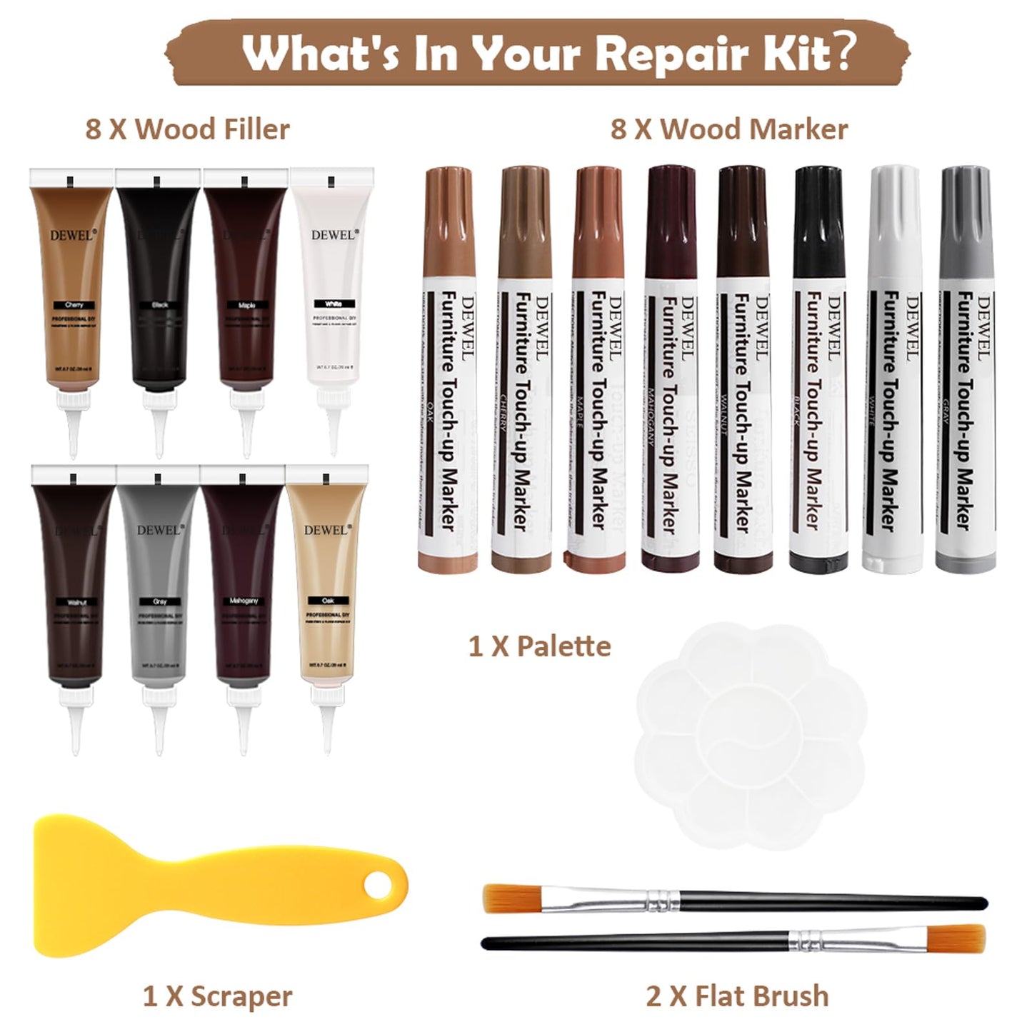 DEWEL Möbel Reparatur Set, 20 Stücke Laminat Reparaturset,Holz Reparaturstift Set,korrekturstift,DIY-Möbelrestaurierungsset,Holz Reparatur Set